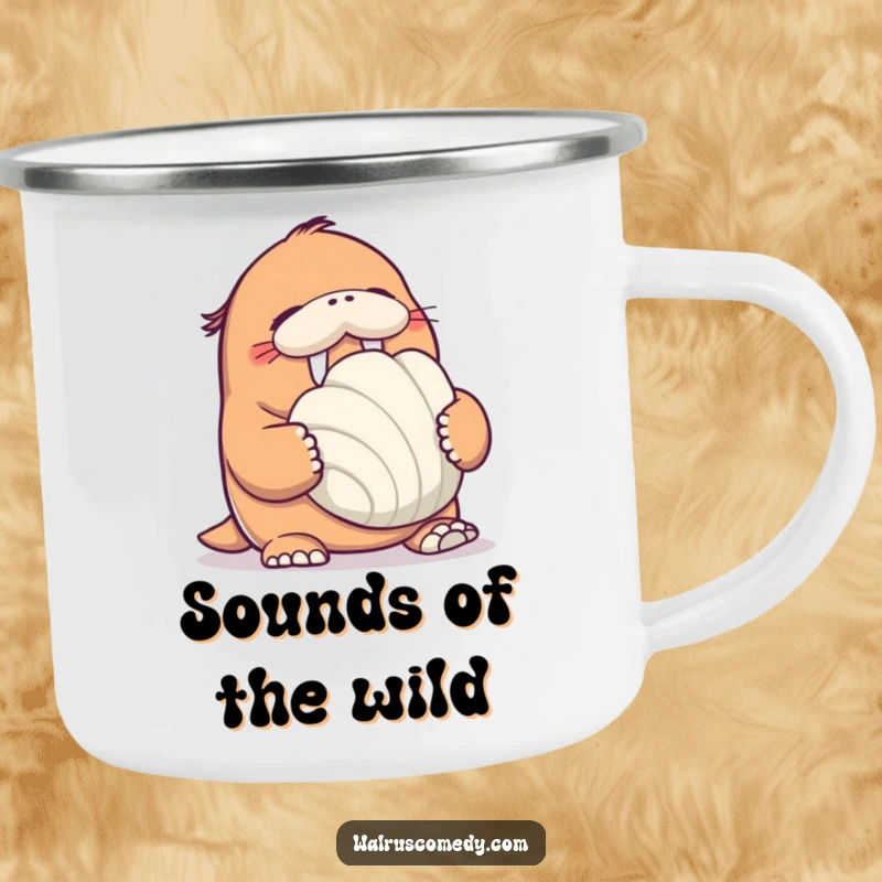 Funny Walrus Camping Mug: A rugged mug depicts a giggling walrus holding a giant seashell, perfect for outdoor beach-themed fun.