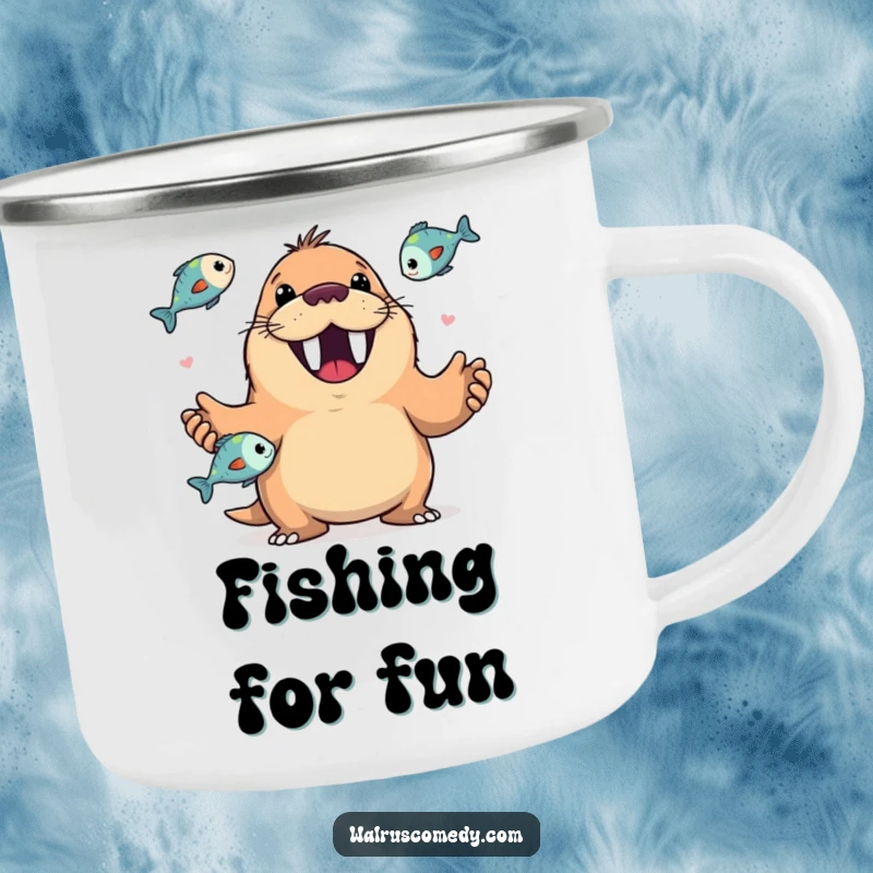 Funny camping mug featuring a happy walrus with a wide, toothy grin juggling fish, perfect for outdoor sipping.