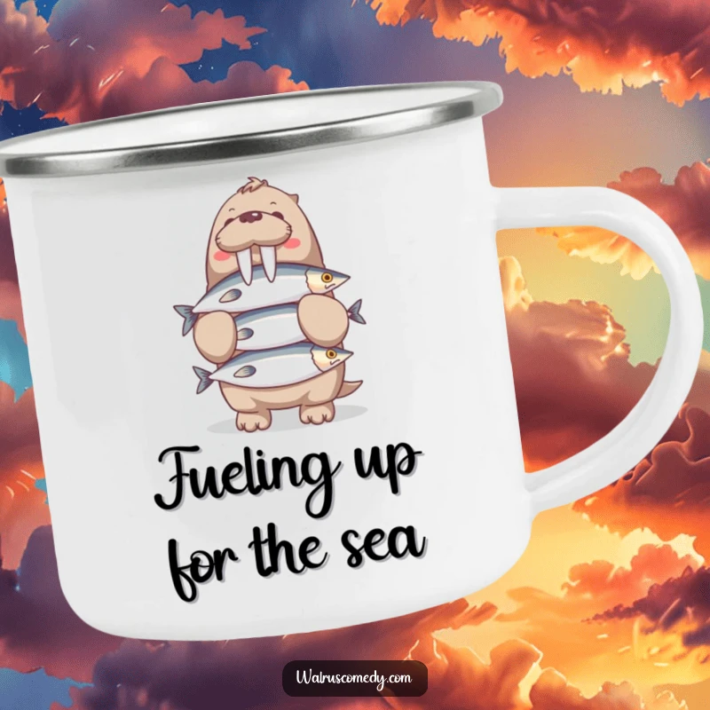 Funny Walrus Camping Mug: A sturdy mug depicting a walrus balancing a precarious stack of fish, perfect for rugged, humorous adventures.