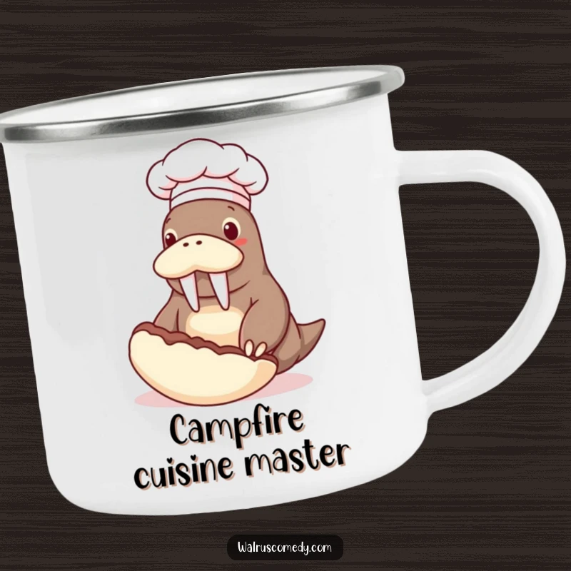 Funny camping mug with a walrus chef flipping a giant clam, ideal for humorous outdoor meal enjoyment and drinkware.