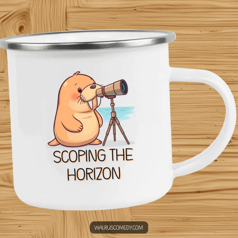 Funny walrus camping mug showing a curious walrus using a telescope, ideal for enjoying drinks in the great outdoors with humor.