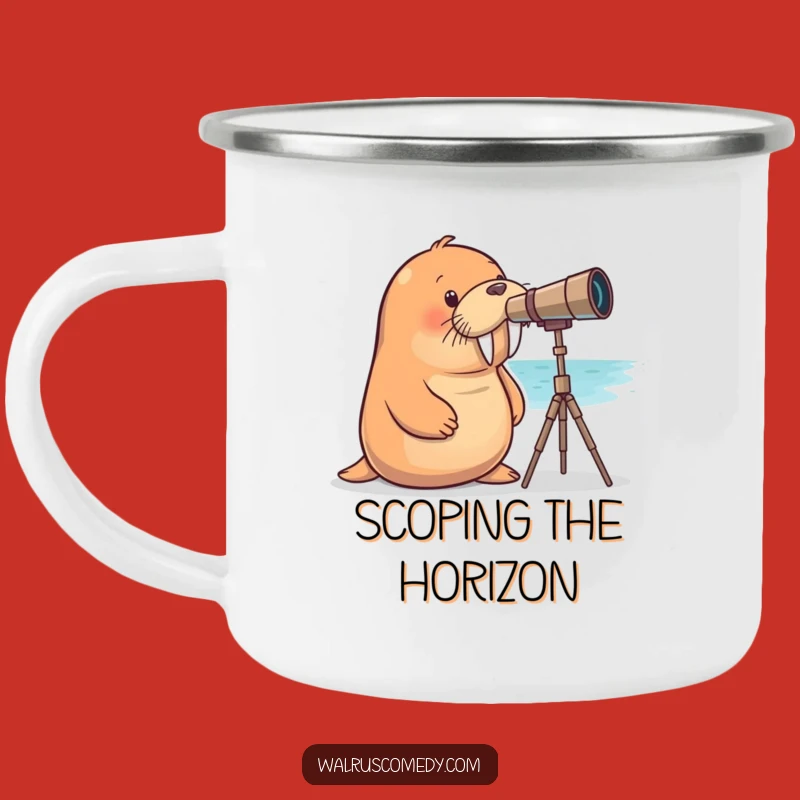 Funny Curious Walrus Telescope Camping Mug: Adventure Brews Here