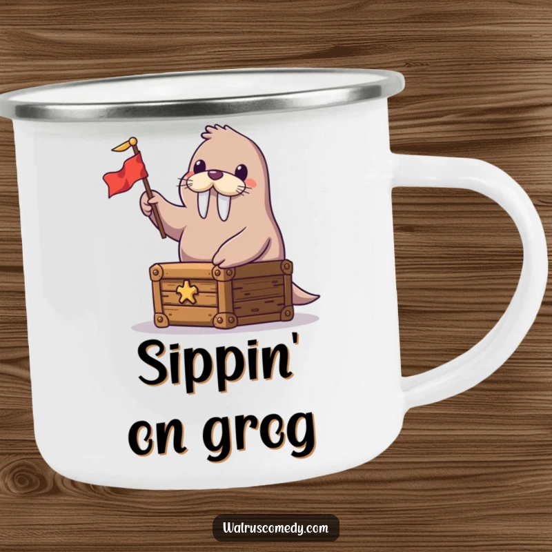 Funny camping mug with a gleeful walrus on a treasure chest, waving a flag, ideal for outdoor enthusiasts and humor lovers.