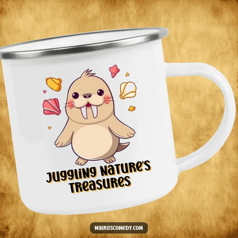 Funny happy walrus juggling colorful seashells with its flippers on a rugged camping mug, an impressive funny gift.