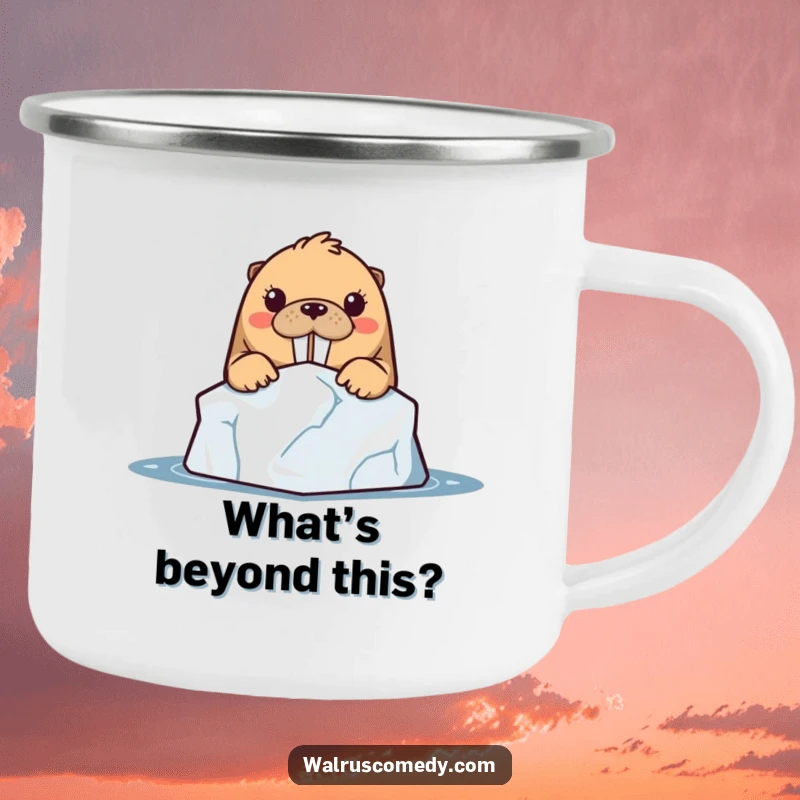 Funny kawaii walrus character peeking with great curiosity from behind an iceberg, depicted on a sturdy camping mug.