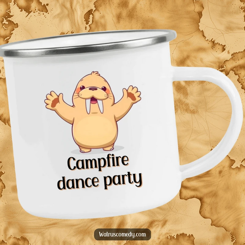 Funny Kawaii Walrus Camping Mug: A walrus dances comically with flippers in the air, perfect for enjoying drinks outdoors with a humorous vibe.