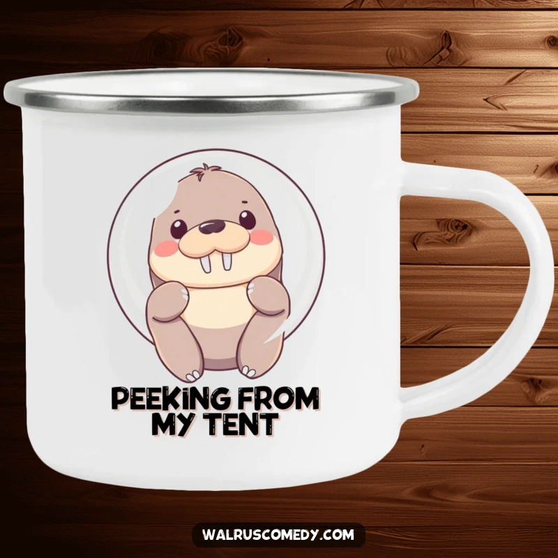 Funny Camping Mug with a Kawaii walrus peeking shyly from behind a bubble, offering a soft-eyed hello.