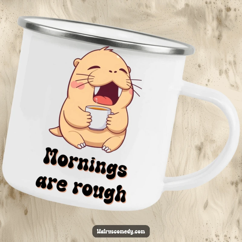 Funny walrus camping mug depicting a tired walrus yawning with a teacup, ideal for enjoying slow mornings outdoors.