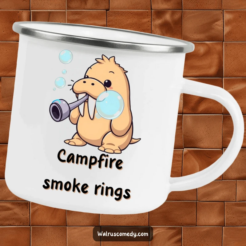Funny walrus blowing bubbles, a durable camping mug with a whimsical sea creature design, great for outdoor lovers.