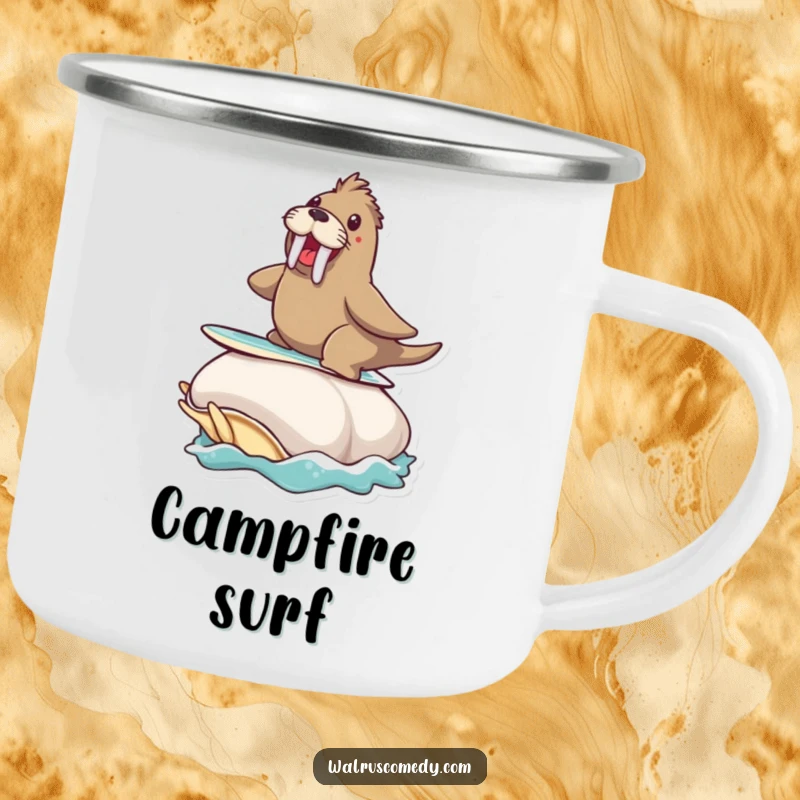 Funny enamel camping mug depicting a walrus surfing on a clam, ideal for outdoor trips.