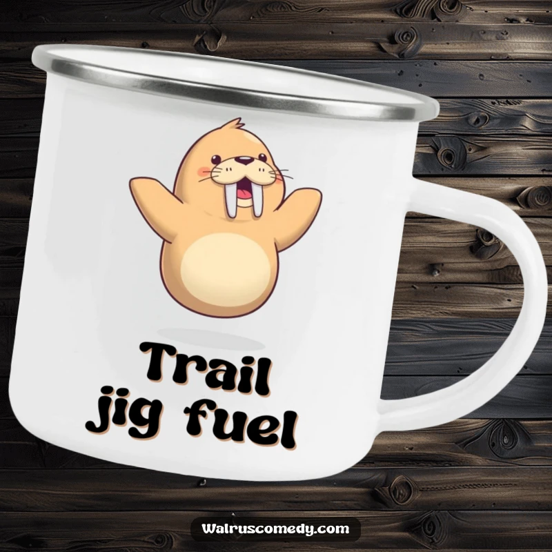 Funny camping mug featuring a cheerful walrus performing a signature one-flipper dance, perfect for outdoor adventures and humorous breaks.