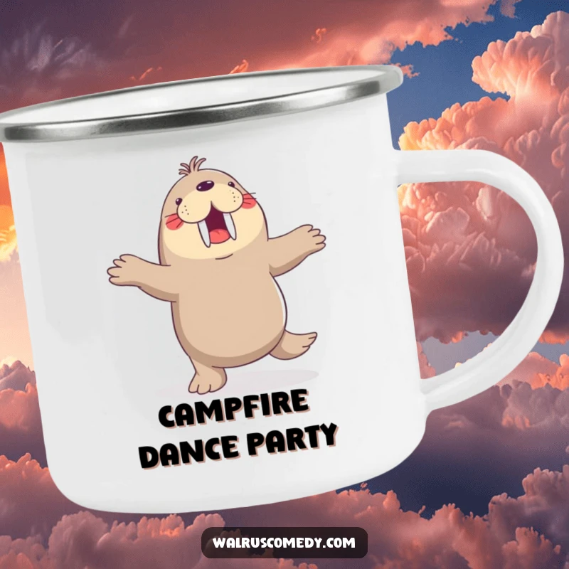 Funny camping mug, dancing walrus, flippers in the air, joyful, outdoor use, perfect for campers, durable mug.