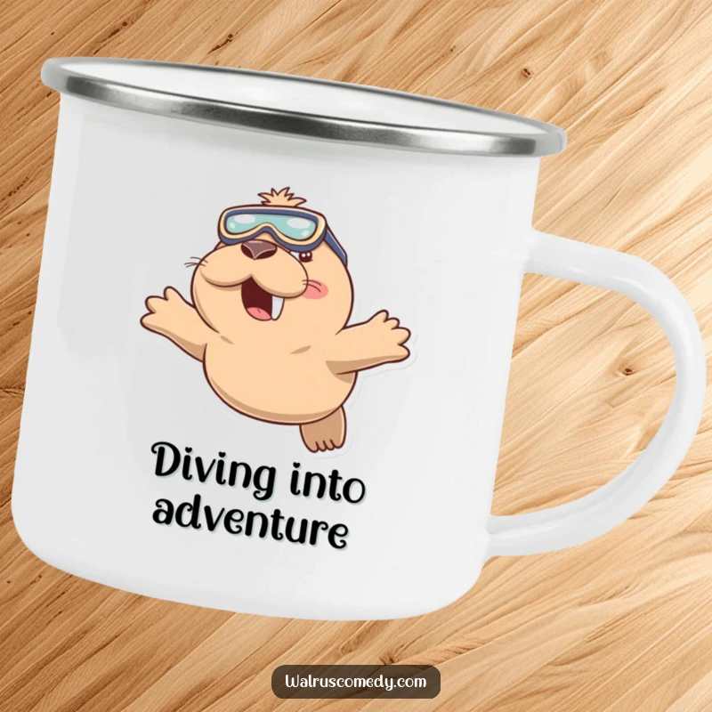 Funny camping mug featuring a playful walrus wearing swimming goggles and diving with a smile, perfect for outdoor sipping.