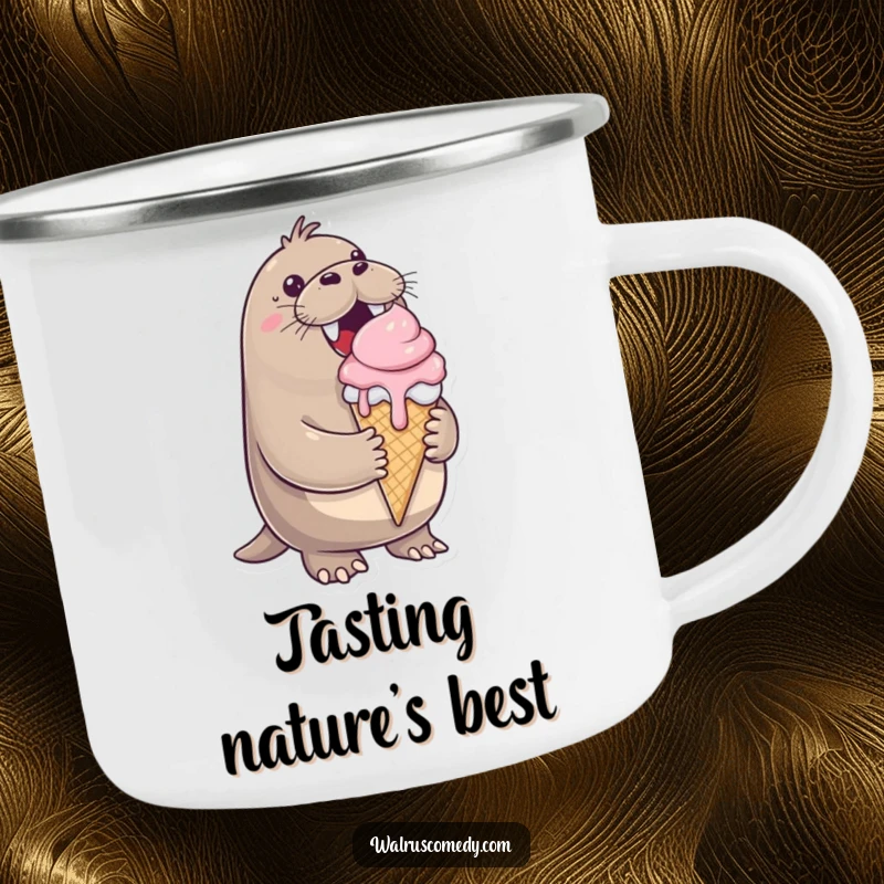 Funny camping mug, cheerful walrus, ice cream cone dripping, happy, outdoor use, perfect for campers, sweet treat mug.