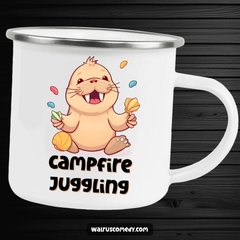 Funny Kawaii Walrus Juggling Seashells Camping Mug, a happy walrus juggling shells, durable and cheerful outdoor mug.