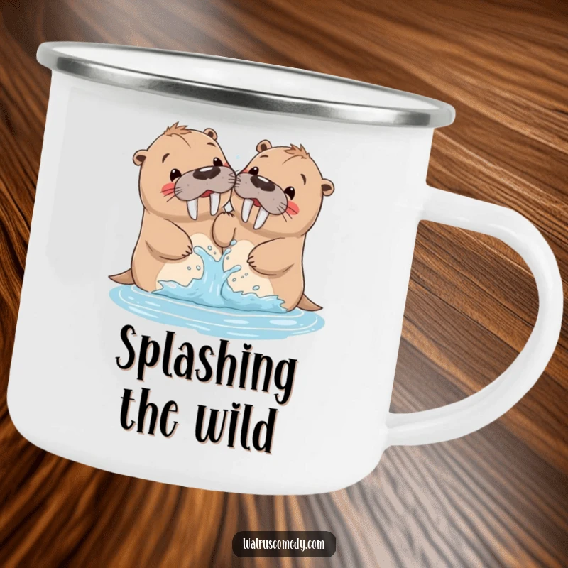 Funny walrus camping mug of siblings playfully splashing water, ideal for enjoying beverages during outdoor fun.