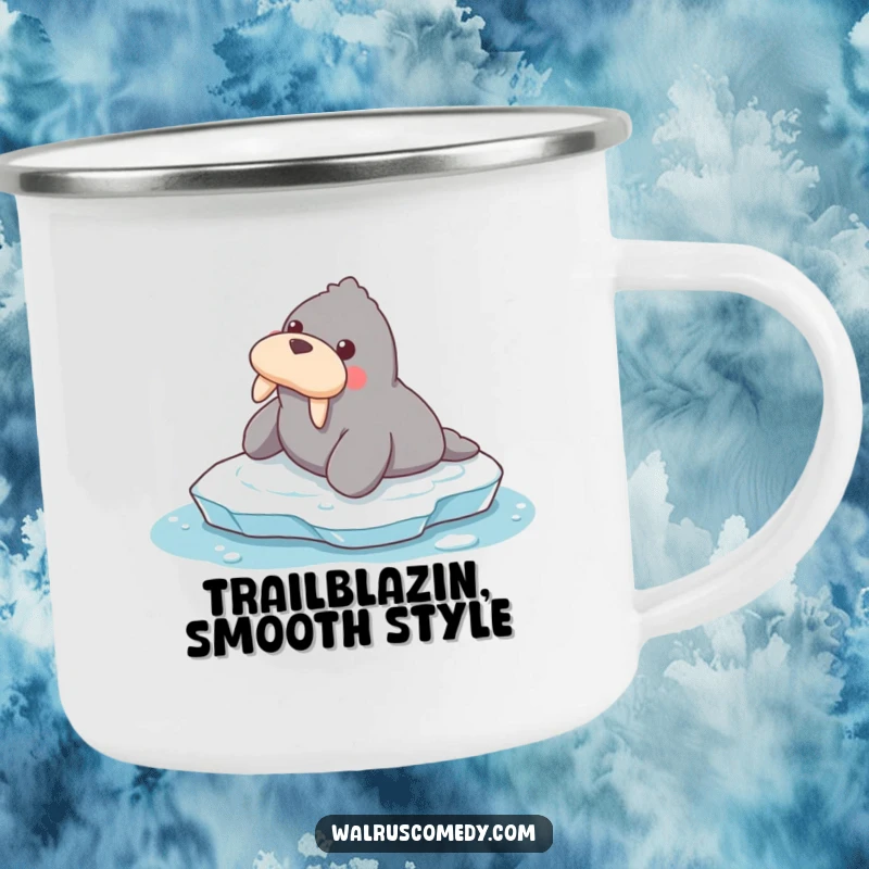 Funny camping mug showing a walrus sliding on ice, ready for your next wilderness adventure with a humorous twist.