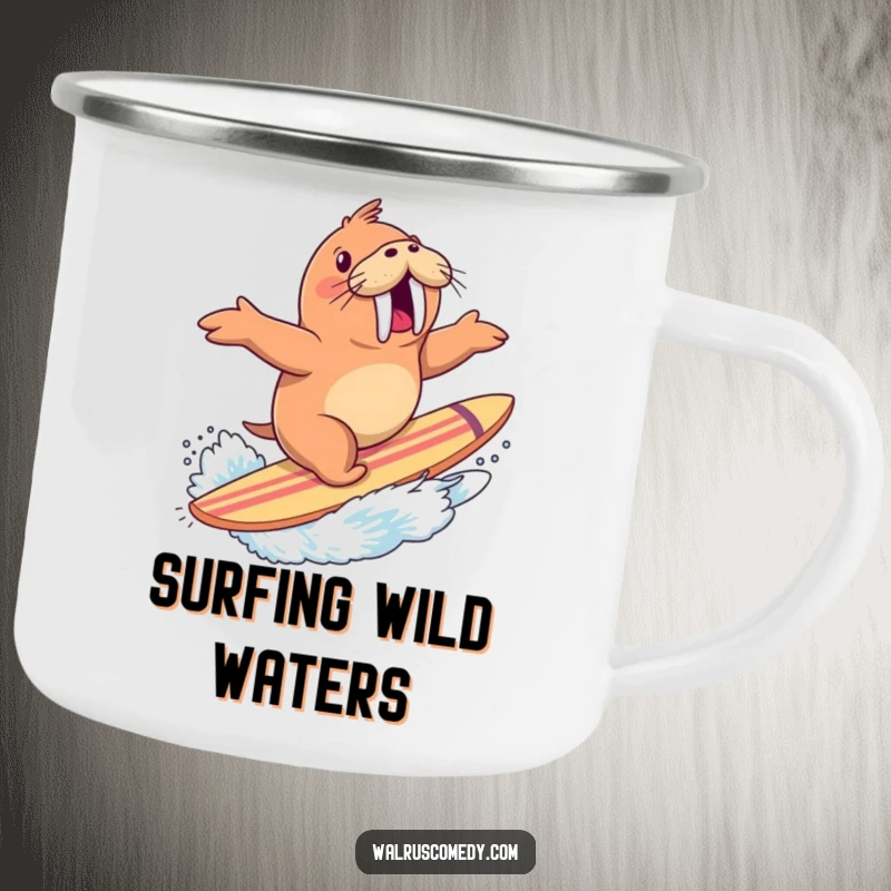 Funny camping mug featuring an excited walrus surfing a giant surfboard with a splash, perfect for outdoor explorers.