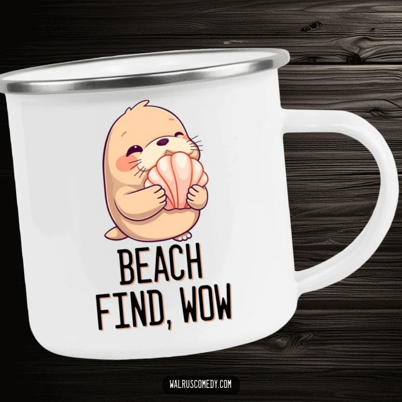 Funny Camping Mug: A winking walrus holds a shiny seashell, perfect for enjoying drinks outdoors.