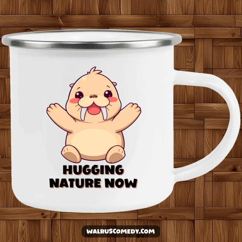 Funny walrus camping mug of a joyful walrus character giving a huge hug, bringing warmth and cheer to outdoor adventures.