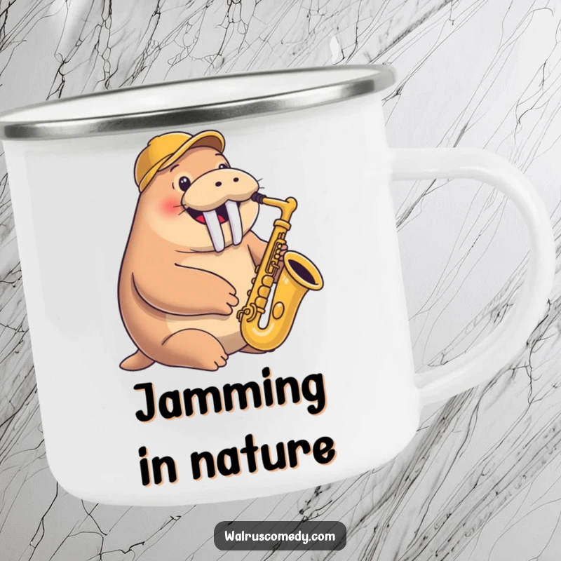 Funny camping mug featuring a smiling walrus playing a saxophone with a jaunty cap, perfect for outdoor musical moments.