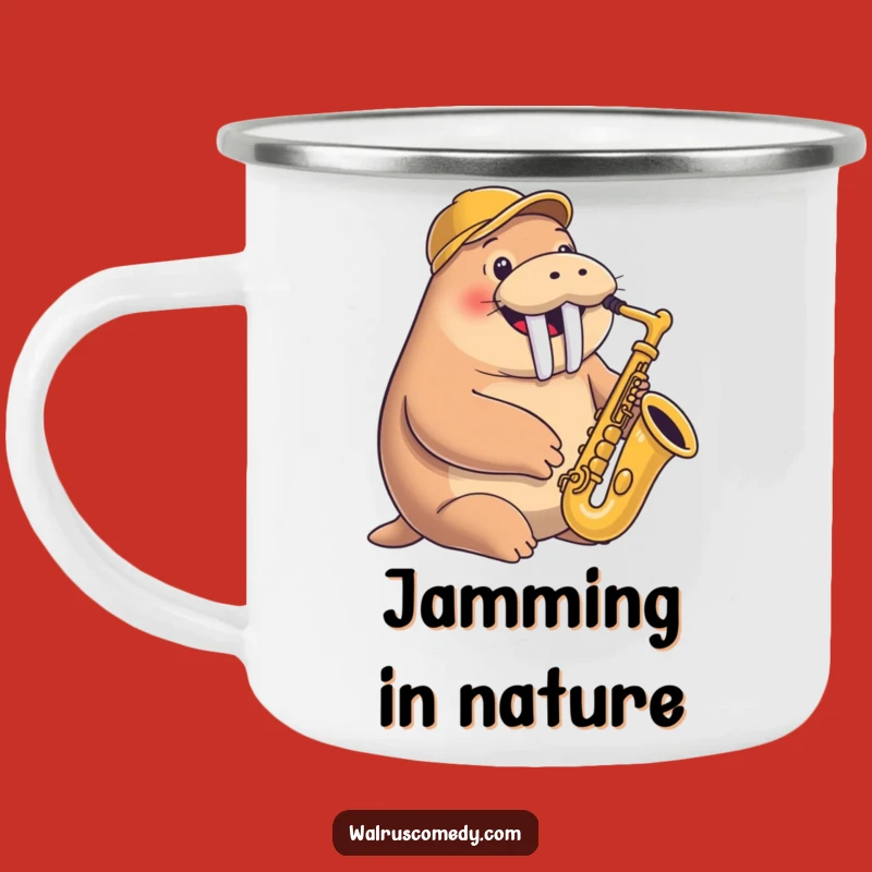 Funny Walrus Saxophone Camping Mug: Happy Musician with Cap - Outdoor Music Funny Gift