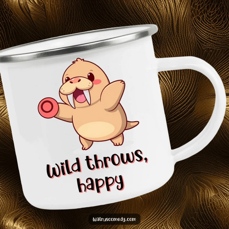 Funny camping mug showing a kawaii walrus with tusks happily throwing a frisbee, ideal for outdoor lovers who appreciate fun and energetic designs.