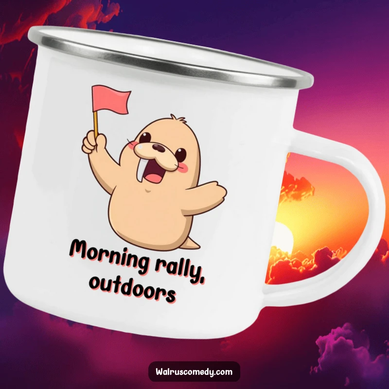 Funny Kawaii Walrus Camping Mug: A cheerful walrus gleefully waves a small flag, perfect for enjoying hot drinks on outdoor adventures with humor.