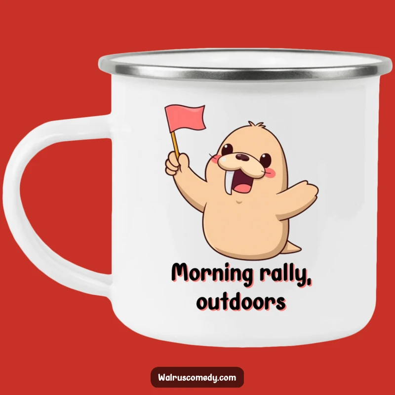 Funny Kawaii Walrus Waving Flag Camping Mug: Cheerful Adventures & Hot Drinks - Perfect Gift