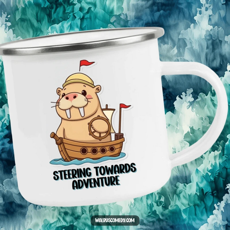 Funny walrus camping mug of an adventurous walrus steering a tiny ship, perfect for enjoying drinks on the go.