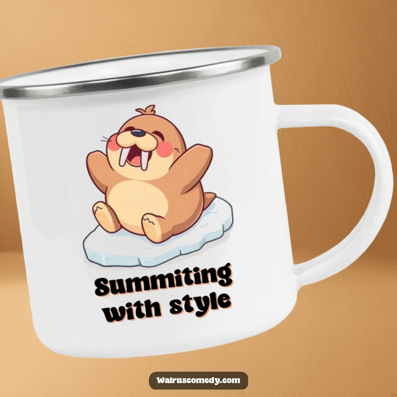 Funny camping mug with an excited walrus character sliding with glee down an icy slope, perfect for rugged fun.