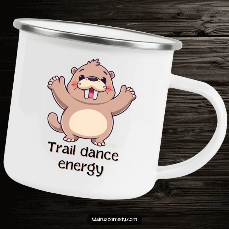 Funny walrus dancing, a durable camping mug with a joyful sea creature design, great for outdoor celebrations.