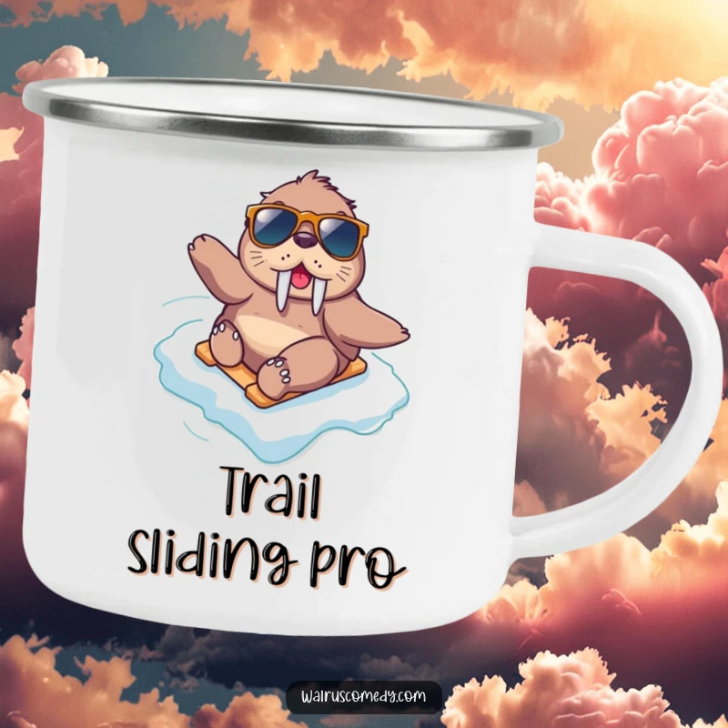 Funny kawaii walrus wearing sunglasses slides down an icy slope, ready for any outdoor adventure with this sturdy camping mug.