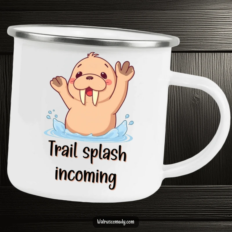 Funny enamel camping mug with a kawaii walrus splashing water with its flippers, ready for outdoor fun.
