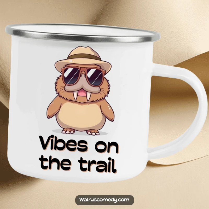 Funny Walrus Camping Mug: A rugged mug depicts a cool walrus wearing oversized sunglasses and a hat, perfect for stylish outdoor trips.