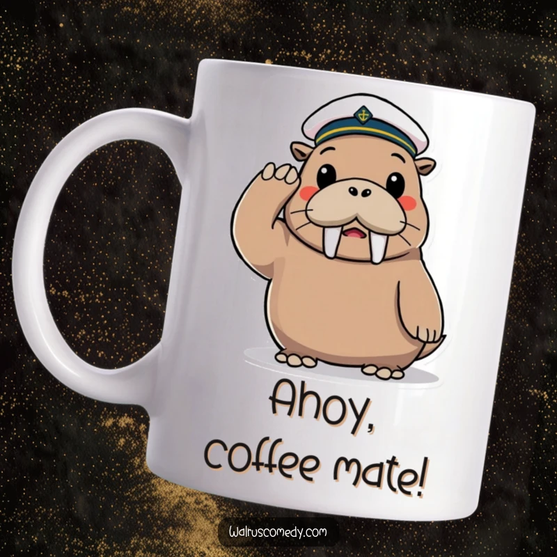 Funny Mug featuring a playful walrus character wearing a tiny sailor hat and cheerfully saluting.
