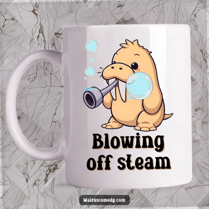 Funny walrus blowing giant bubbles from a pipe, a whimsical sea creature creating playful spheres, perfect for coffee or tea.
