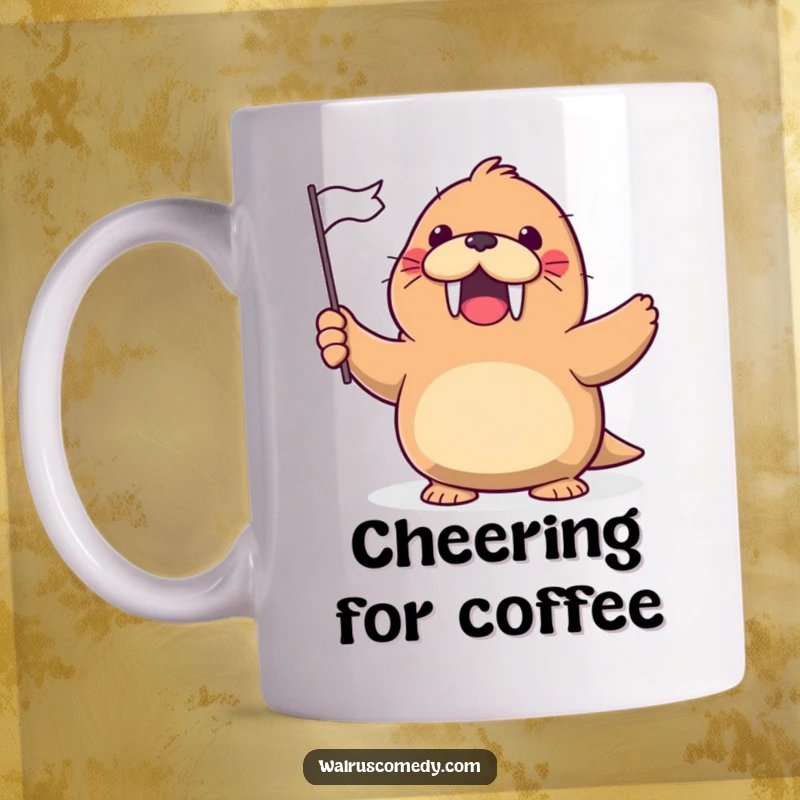 Funny Mug with a kawaii walrus gleefully waving a tiny flag with a cheerful, excited expression.