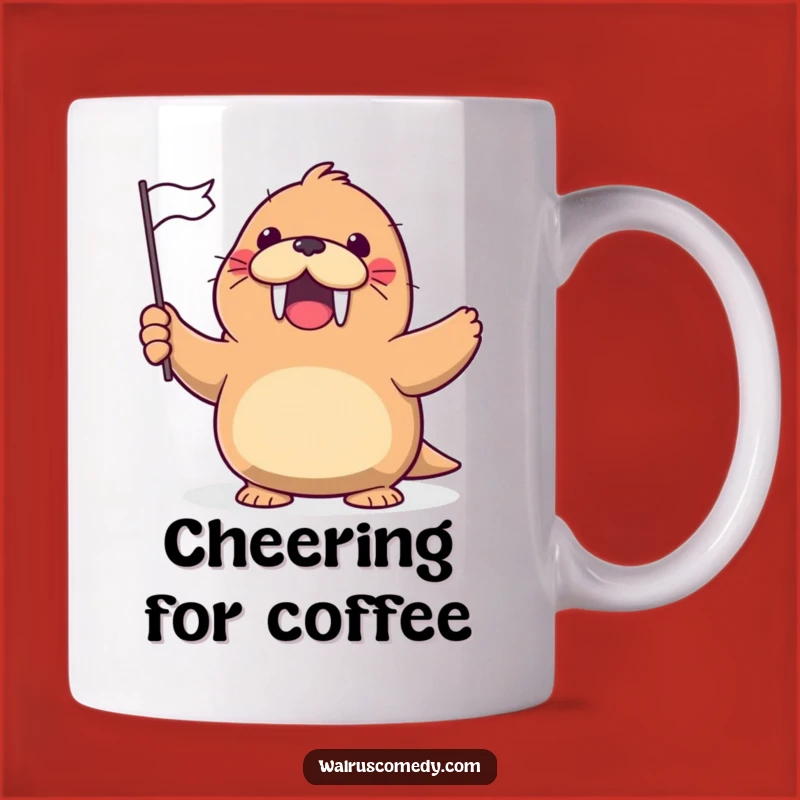 Funny Kawaii Walrus Flag Wave Mug - Cheerful Arctic Greeting, Hilarious Gift