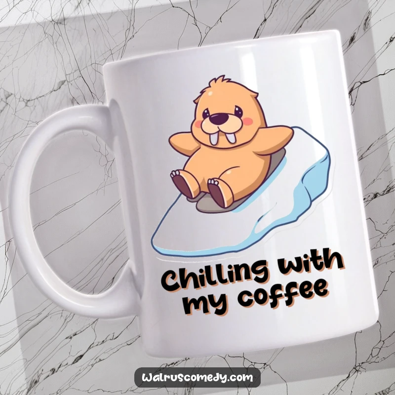 Funny kawaii walrus mug with a happy walrus sliding down an icy hill, conveying a sense of winter fun and joy.