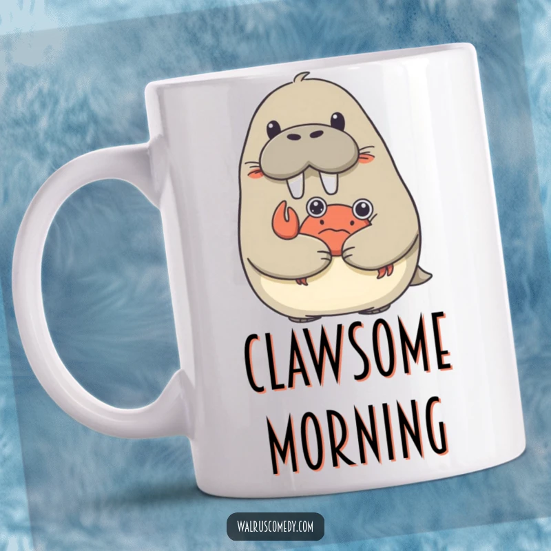 Funny mug showing a surprised walrus being hugged by a tiny, affectionate crab.