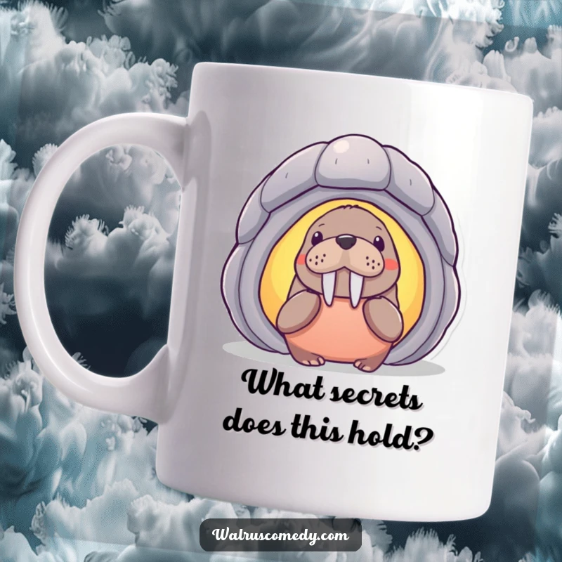 Funny curious walrus character peeking into a bright, oversized seashell, capturing a moment of wonder and humor on this mug