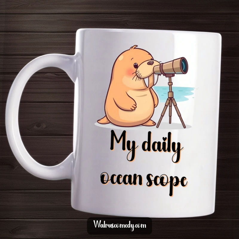 Funny walrus mug showing a curious walrus peering through a telescope at the sea, seeking adventure and laughs.