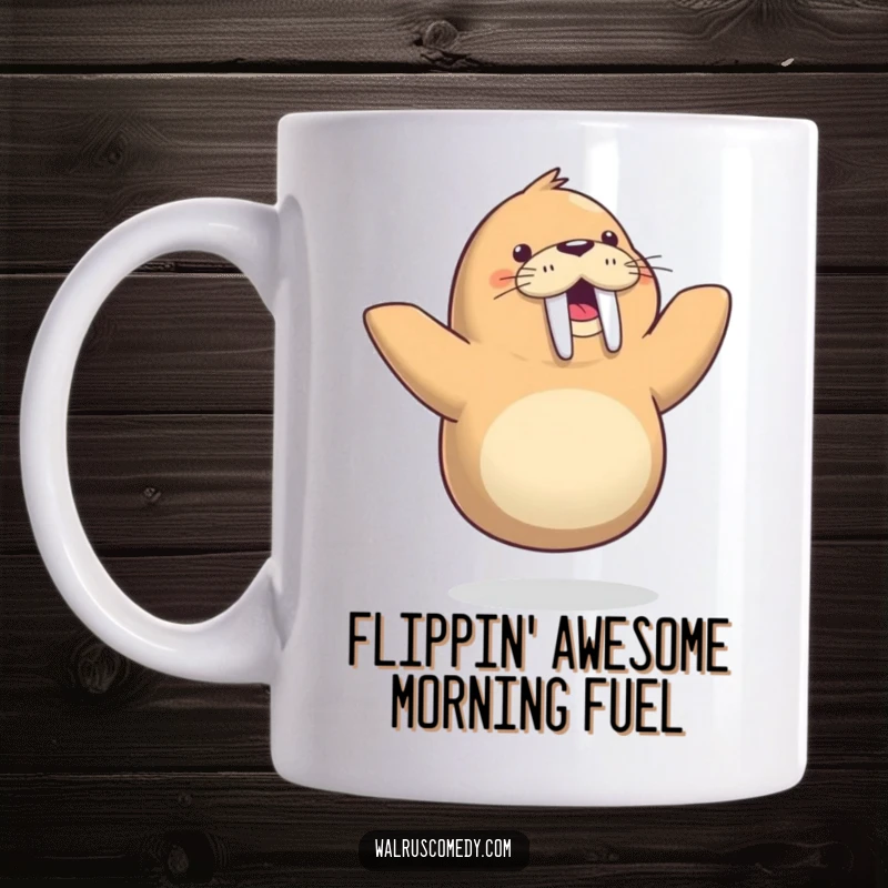Funny mug featuring a happy walrus energetically dancing on one flipper, spreading cheer and laughter with its comical pose.