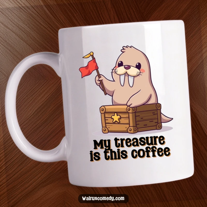 Funny mug featuring a joyful walrus captain proudly waving a tiny flag from atop a brimming treasure chest, ready for adventure.