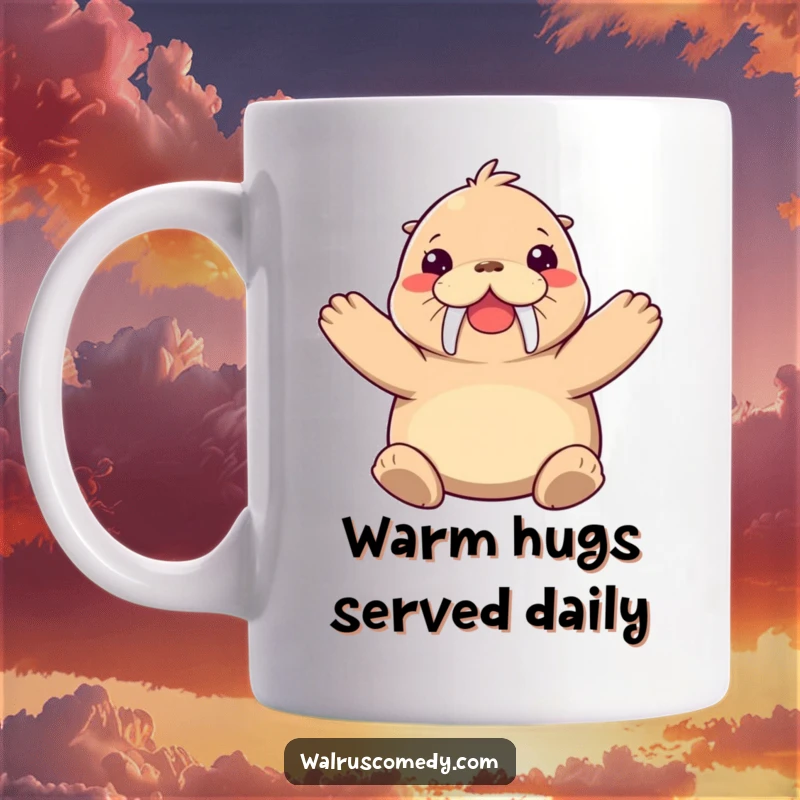 Funny walrus mug of a joyful walrus character giving a big, loving hug with flippers outstretched, radiating happiness.