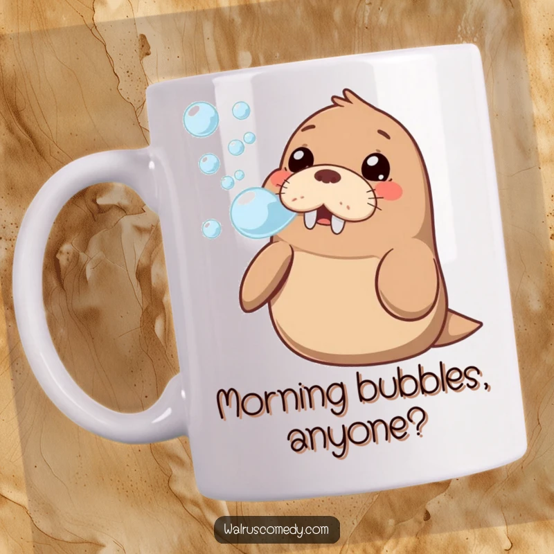 Funny kawaii walrus artfully blowing a stream of bubbles with a curious, happy expression on a ceramic mug.