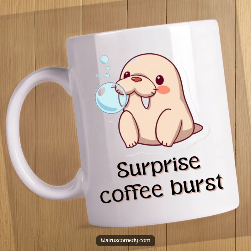 Funny kawaii walrus blowing a bubble with its flippers, looking comically surprised on this delightful mug.