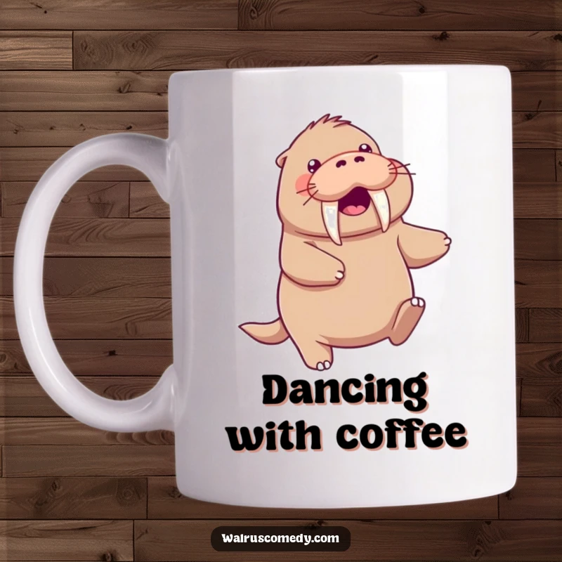 Funny kawaii walrus character energetically doing a playful dance, its tusks moving joyfully on a mug.