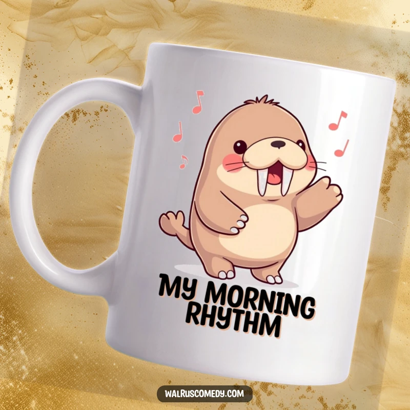 Funny kawaii walrus character enthusiastically tapping its flippers to an unheard beat, radiating pure joy and musicality on a mug.